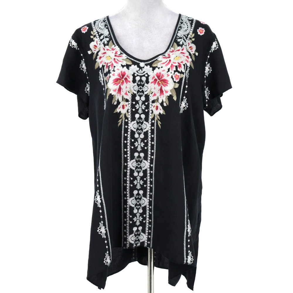 Johnny Was Top Petites PL LP Gray Black Linen Embroidered Floral Tunic Blouse